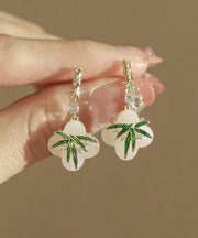 Chinese Style Green Copper Alloy Zircon Resin Bamboo Leaf Drop Earrings