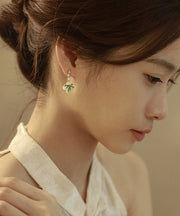 Chinese Style Green Copper Alloy Zircon Resin Bamboo Leaf Drop Earrings