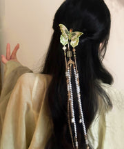 Chinese Style Green Copper Butterfly Embroidery Beading Tassel Hairpin
