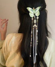 Chinese Style Green Copper Butterfly Embroidery Beading Tassel Hairpin
