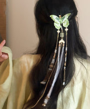 Chinese Style Green Copper Butterfly Embroidery Beading Tassel Hairpin