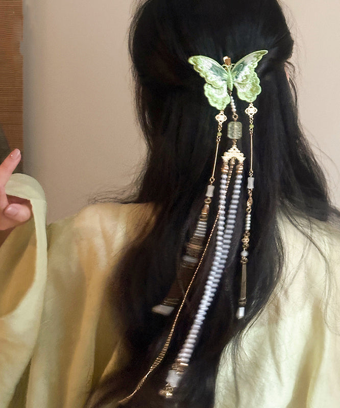 Chinese Style Green Copper Butterfly Embroidery Beading Tassel Hairpin