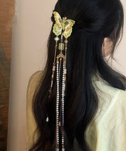 Chinese Style Green Copper Butterfly Embroidery Beading Tassel Hairpin