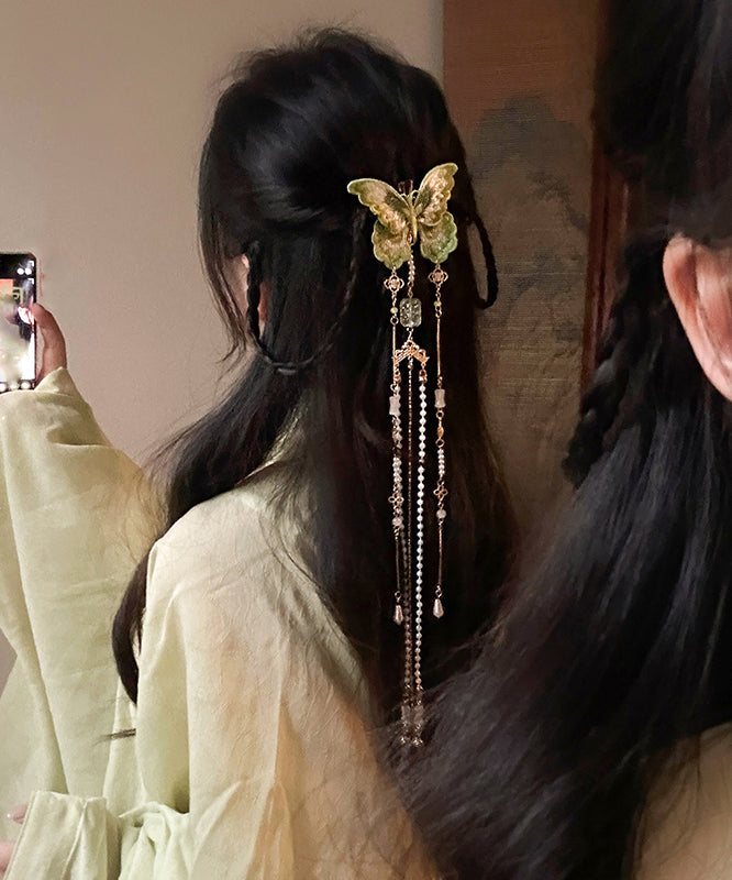 Chinese Style Green Copper Butterfly Embroidery Beading Tassel Hairpin