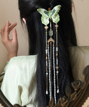 Chinese Style Green Copper Pearl Embroidery Butterfly Tassel Hairpin