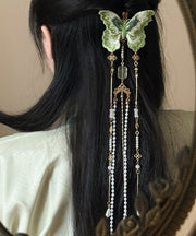 Chinese Style Green Copper Pearl Embroidery Butterfly Tassel Hairpin