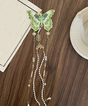 Chinese Style Green Copper Pearl Embroidery Butterfly Tassel Hairpin