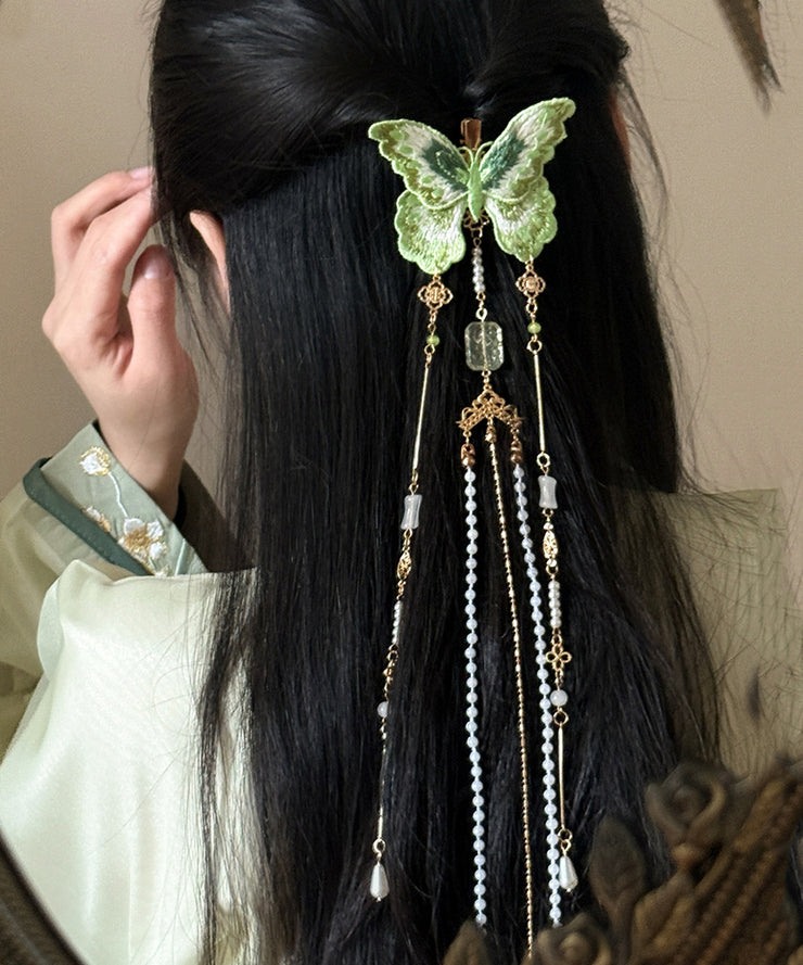 Chinese Style Green Copper Pearl Embroidery Butterfly Tassel Hairpin