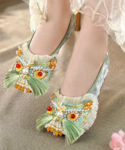 Chinese Style Green Cotton Fabric Flat Shoes Splicing Tassel Nail Bead
