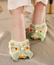 Chinese Style Green Cotton Fabric Flat Shoes Splicing Tassel Nail Bead