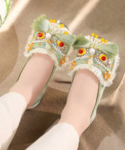 Chinese Style Green Cotton Fabric Flat Shoes Splicing Tassel Nail Bead