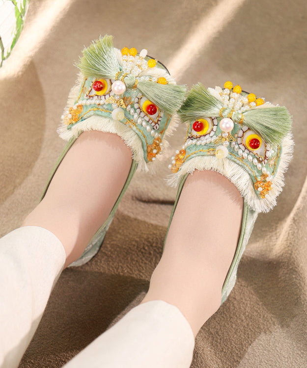 Chinese Style Green Cotton Fabric Flat Shoes Splicing Tassel Nail Bead