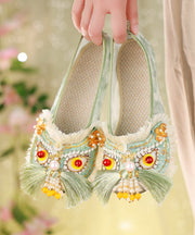 Chinese Style Green Cotton Fabric Flat Shoes Splicing Tassel Nail Bead