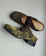 Chinese Style Green Cross Strap Splicing Chunky Slide Sandals