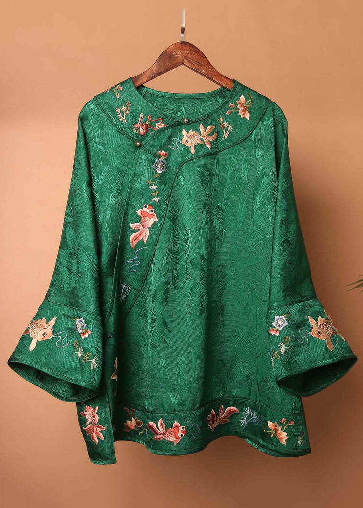 Chinese Style Green Embroidered Button Silk Blouses Fall
