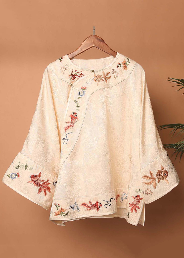 Chinese Style Green Embroidered Button Silk Blouses Fall