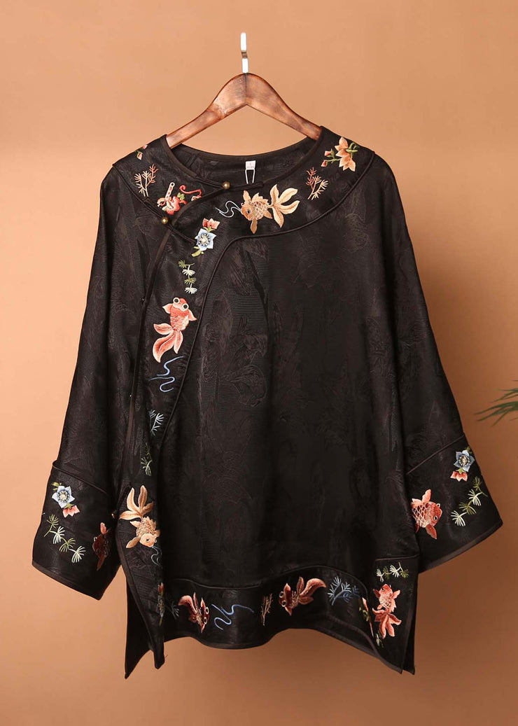 Chinese Style Green Embroidered Button Silk Blouses Fall