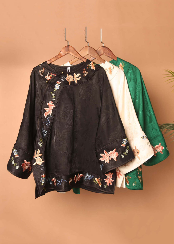 Chinese Style Green Embroidered Button Silk Blouses Fall
