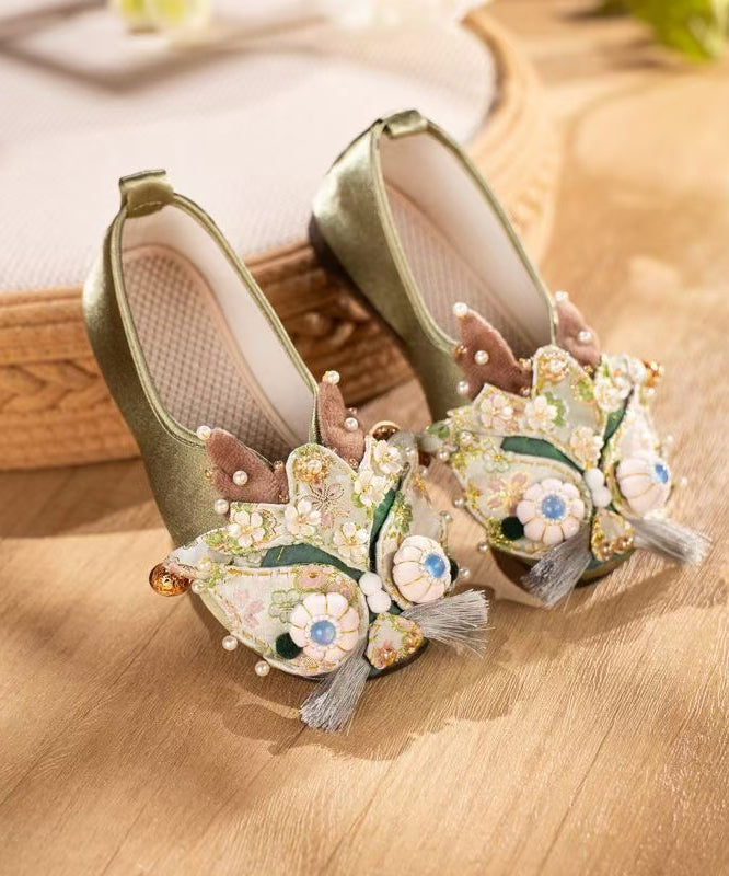 Chinese Style Green Embroidered Flat Tiger Head Shoes