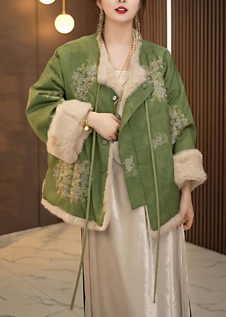 Chinese Style Green Lace Up Fluffy Patchwork Warm Fleece Coats Winter