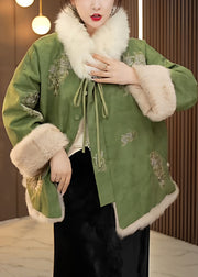 Chinese Style Green Lace Up Fluffy Patchwork Warm Fleece Coats Winter
