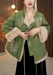 Chinese Style Green Lace Up Fluffy Patchwork Warm Fleece Coats Winter
