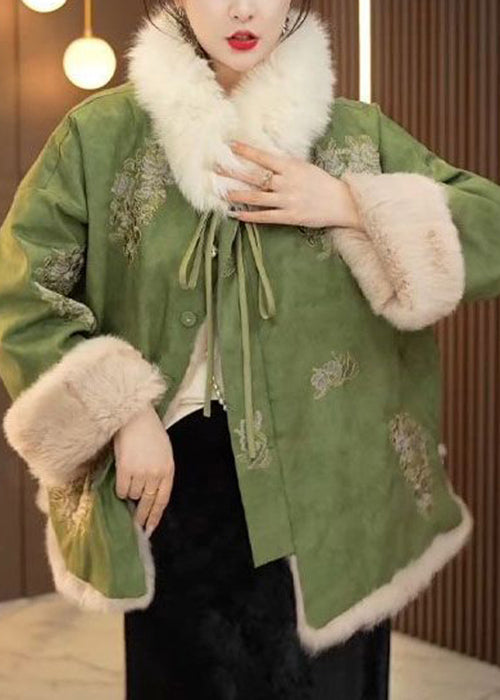 Chinese Style Green Lace Up Fluffy Patchwork Warm Fleece Coats Winter