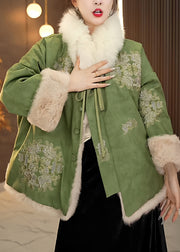 Chinese Style Green Lace Up Fluffy Patchwork Warm Fleece Coats Winter