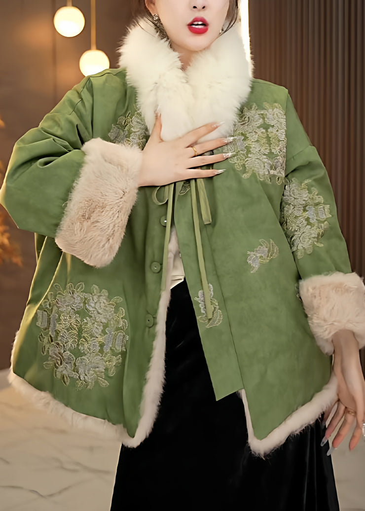 Chinese Style Green Lace Up Fluffy Patchwork Warm Fleece Coats Winter