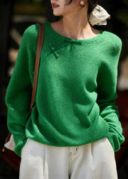 Chinese Style Green O-Neck Patchwork Cozy Solid Cotton Knit Sweater Fall