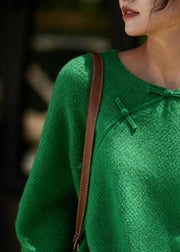 Chinese Style Green O-Neck Patchwork Cozy Solid Cotton Knit Sweater Fall