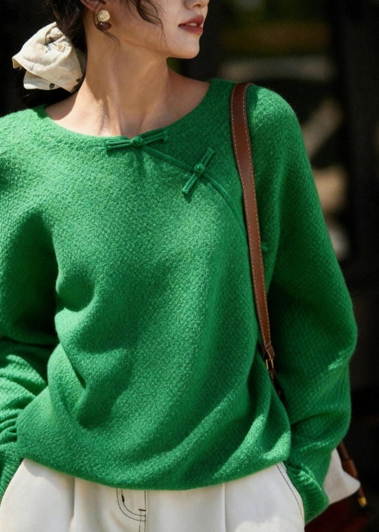 Chinese Style Green O-Neck Patchwork Cozy Solid Cotton Knit Sweater Fall