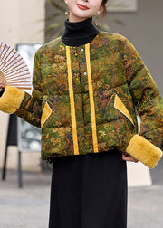 Chinese Style Green O Neck Print Duck Down Down Coat Winter