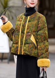 Chinese Style Green O Neck Print Duck Down Down Coat Winter