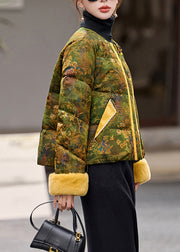 Chinese Style Green O Neck Print Duck Down Down Coat Winter