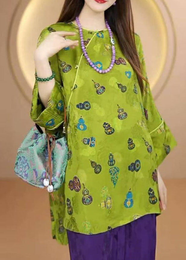 Chinese Style Green O Neck Print Patchwork Silk Shirt Fall