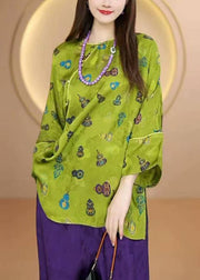 Chinese Style Green O Neck Print Patchwork Silk Shirt Fall