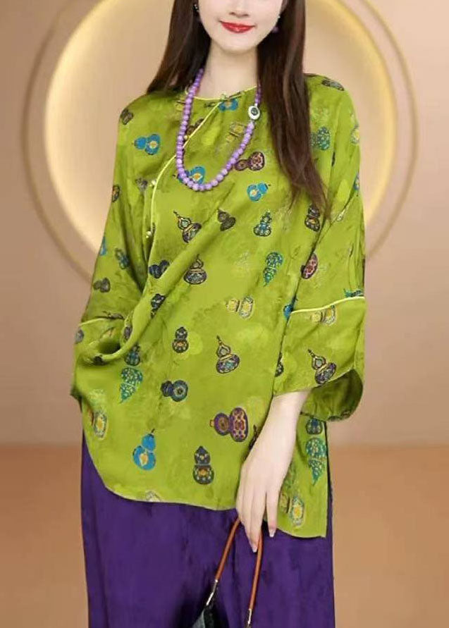 Chinese Style Green O Neck Print Patchwork Silk Shirt Fall