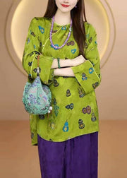 Chinese Style Green O Neck Print Patchwork Silk Shirt Fall