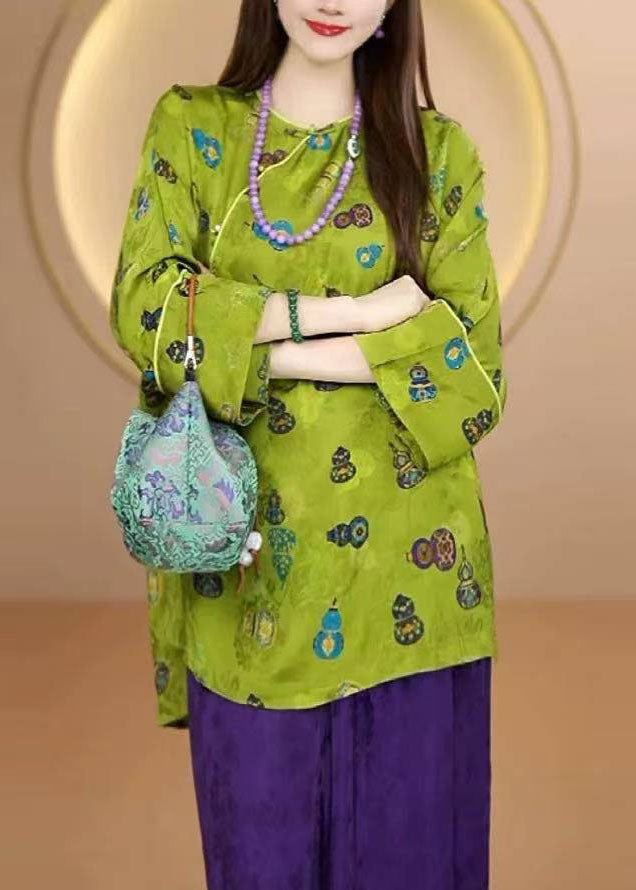Chinese Style Green O Neck Print Patchwork Silk Shirt Fall