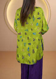 Chinese Style Green O Neck Print Patchwork Silk Shirt Fall