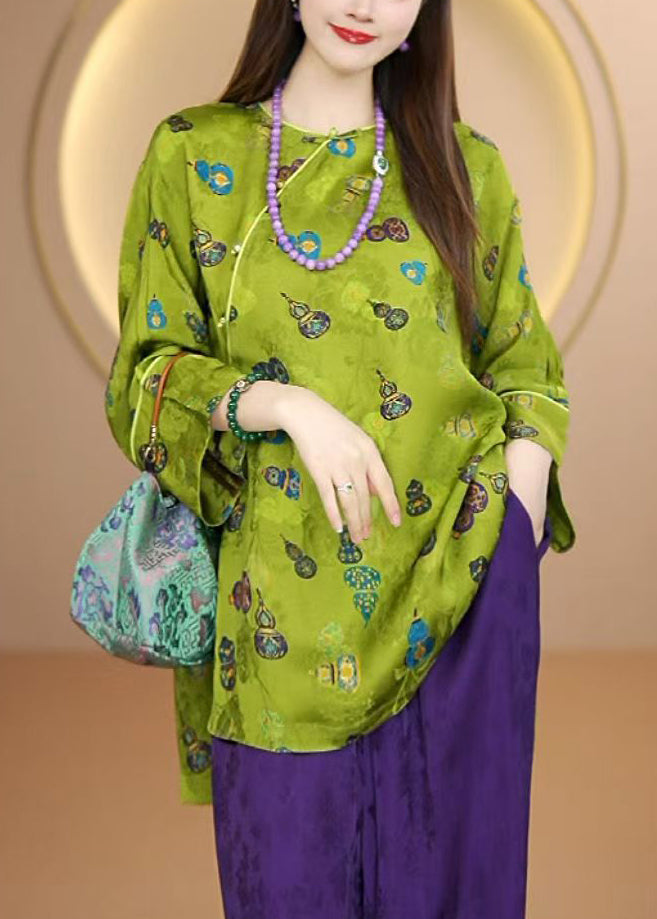 Chinese Style Green O Neck Print Patchwork Silk Shirt Fall