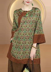 Chinese Style Green O Neck Print Silk Shirt Tops Fall