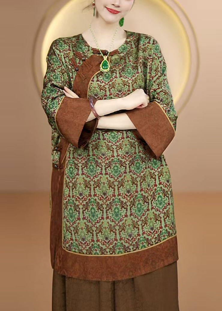 Chinese Style Green O Neck Print Silk Shirt Tops Fall