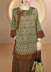 Chinese Style Green O Neck Print Silk Shirt Tops Fall