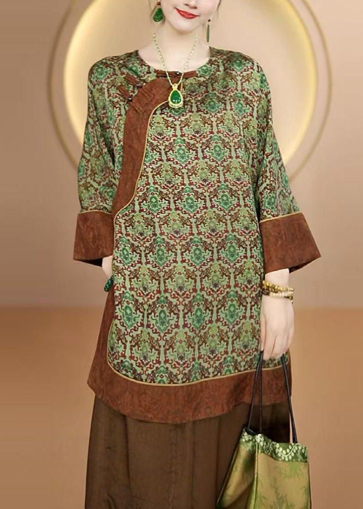 Chinese Style Green O Neck Print Silk Shirt Tops Fall