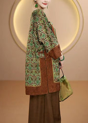 Chinese Style Green O Neck Print Silk Shirt Tops Fall