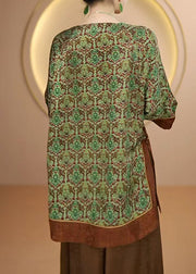 Chinese Style Green O Neck Print Silk Shirt Tops Fall