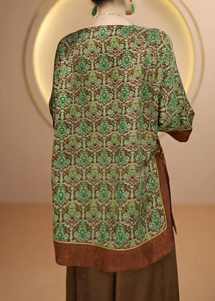 Chinese Style Green O Neck Print Silk Shirt Tops Fall