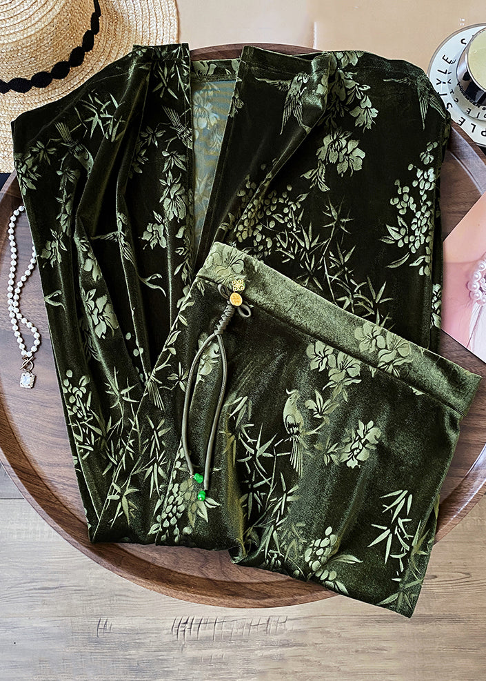 Chinese Style Green Print Back Open High Waist Silk Velvet Skirts